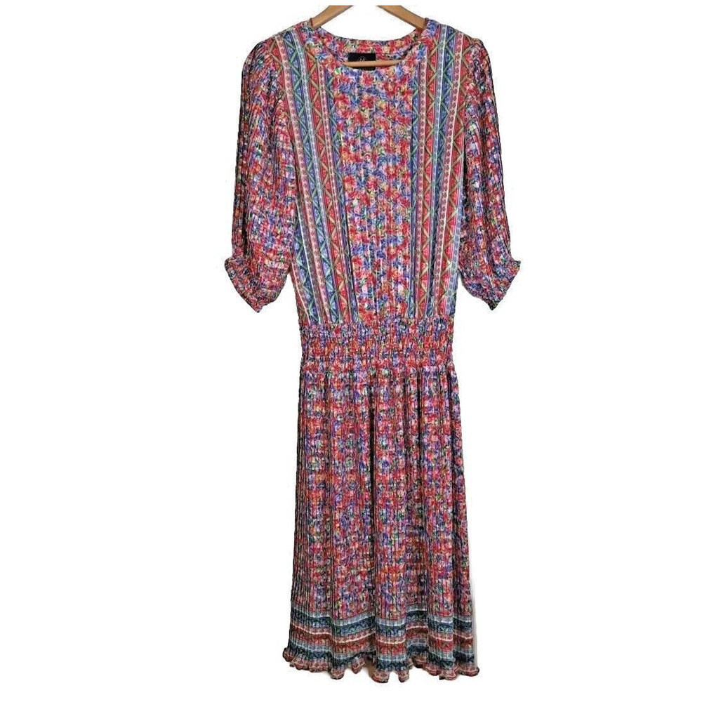 VTG 80s Mayeelok Blouson Midi Dress Womens Small S Flower Print Satin Smocked